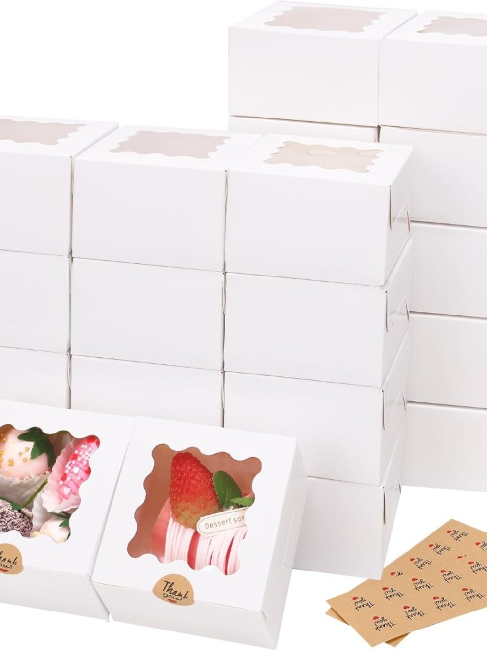 Cookie Boxes with Window, 4x4x2.5in White Food-grade Bakery Boxes